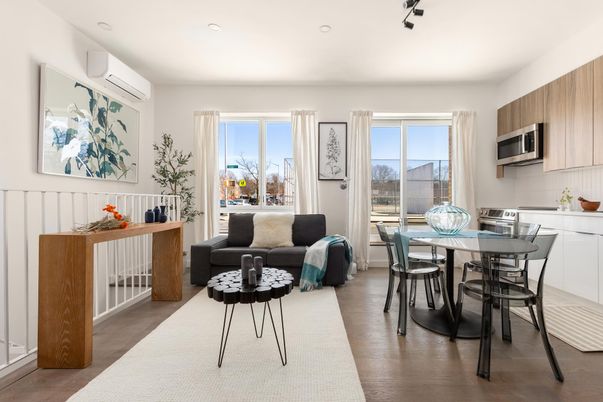 Dining room, Interior, Kitchen, Living room, Recessed Lighting, Wood Texture Flooring