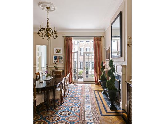 Chandelier, Dining room, Fireplace, Interior, Wood Texture Flooring