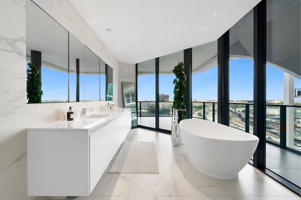 Bathroom, Dual Sink Vanities, Free Standing Baths, Interior, Marble, Marble Walls, Recessed Lighting