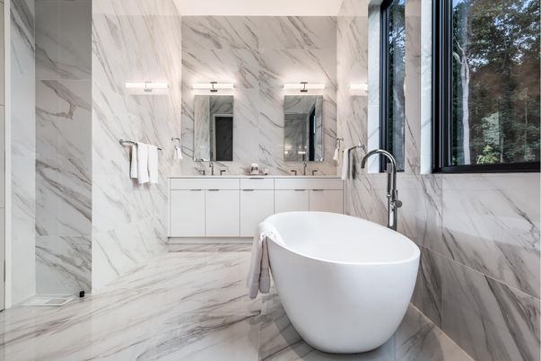 Bathroom, Dual Sink Vanities, Free Standing Baths, Interior, Marble, Marble Walls