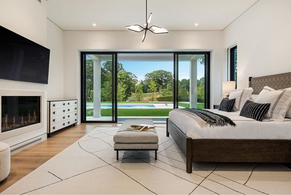Bedroom, Fireplace, Interior, Pendant Lights, Recessed Lighting, Wood Texture Flooring