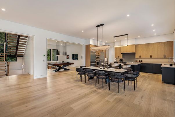 Billiard Table, Dining room, Game Room, Interior, Kitchen, Pendant Lights, Recessed Lighting, Wood Texture Flooring