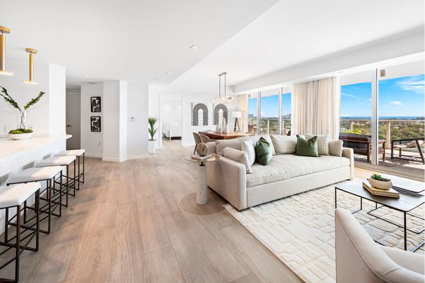Dining room, Interior, Living room, Pendant Lights, Recessed Lighting, Wood Texture Flooring