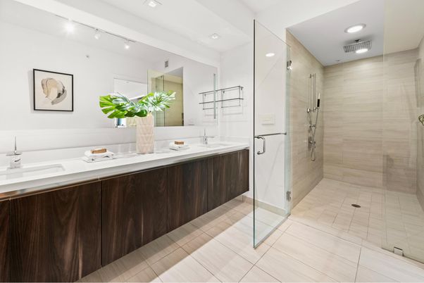 Bathroom, Dual Sink Vanities, Glass Shower, Interior, Recessed Lighting