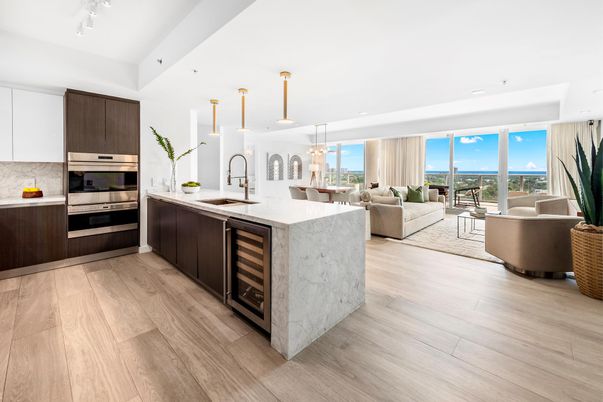 Interior, Kitchen, Living room, Pendant Lights, Recessed Lighting, Stainless Steel Appliances, Water, Wood Texture Flooring