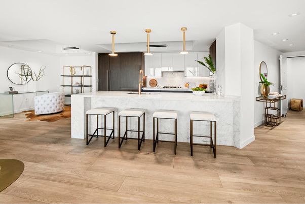 Interior, Kitchen, Pendant Lights, Recessed Lighting, Wood Texture Flooring