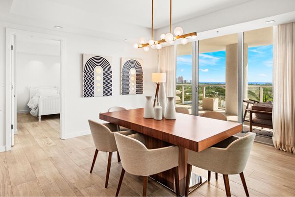 Dining room, Interior, Pendant Lights, Recessed Lighting, Water, Wood Texture Flooring