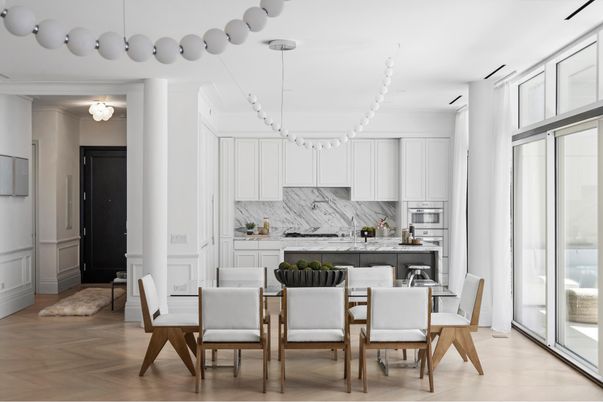 Dining room, Interior, Kitchen, Marble Walls, Pendant Lights, Stainless Steel Appliances, Wood Texture Flooring