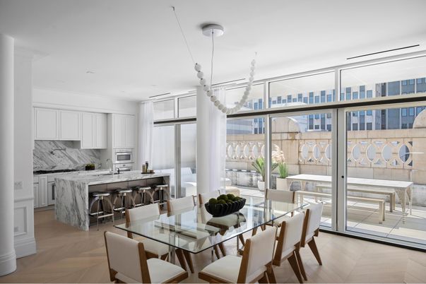 Dining room, Interior, Kitchen, Pendant Lights, Recessed Lighting, Stainless Steel Appliances, Wood Texture Flooring
