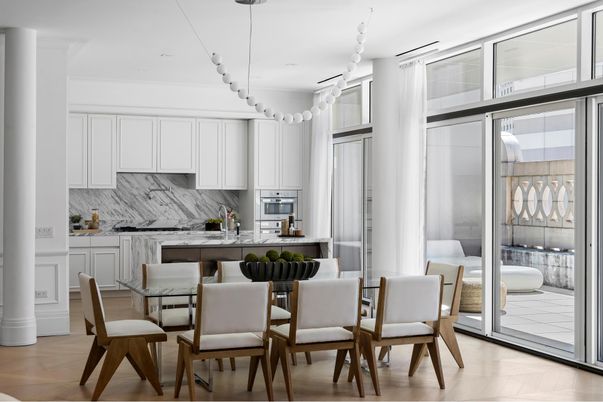 Dining room, Interior, Kitchen, Marble Walls, Pendant Lights, Stainless Steel Appliances, Wood Texture Flooring