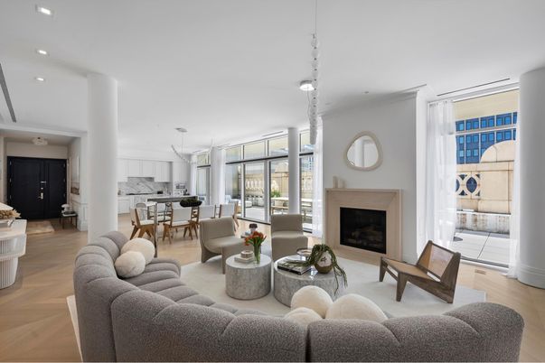 Dining room, Fireplace, Interior, Kitchen, Living room, Pendant Lights, Recessed Lighting, Wood Texture Flooring