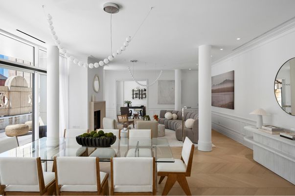 Dining room, Fireplace, Interior, Living room, Pendant Lights, Recessed Lighting, Wood Texture Flooring