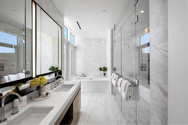 Bathroom, Dual Sink Vanities, Glass Shower, Interior, Marble, Marble Walls, Recessed Lighting