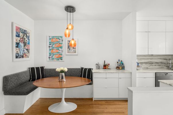 Dining room, Interior, Kitchen, Pendant Lights, Wood Texture Flooring