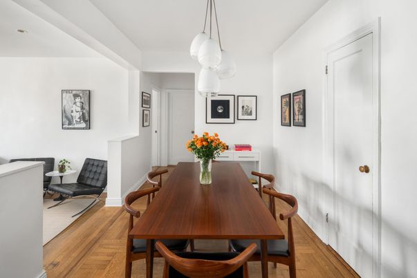 Dining room, Interior, Pendant Lights, Wood Texture Flooring