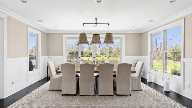 Dining room, Interior, Pendant Lights, Recessed Lighting, Wood Texture Flooring