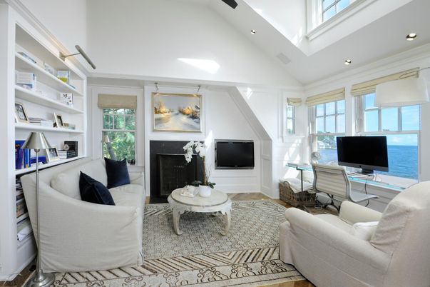 Fireplace, Home Office, Interior, Living room, Recessed Lighting, Wood Texture Flooring
