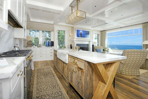 Fireplace, Interior, Kitchen, Pendant Lights, Recessed Lighting, Water, Wood Texture Flooring