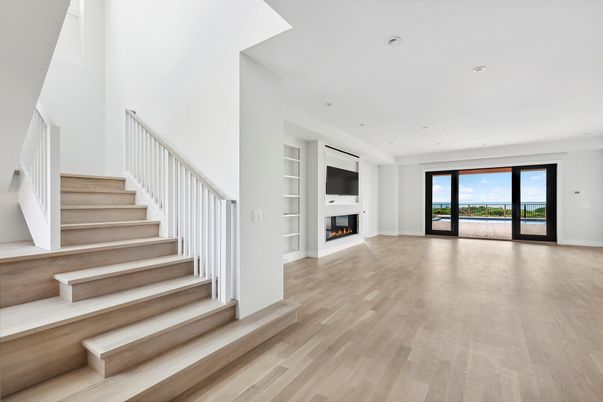 Empty room, Fireplace, Interior, Recessed Lighting, Wood Texture Flooring