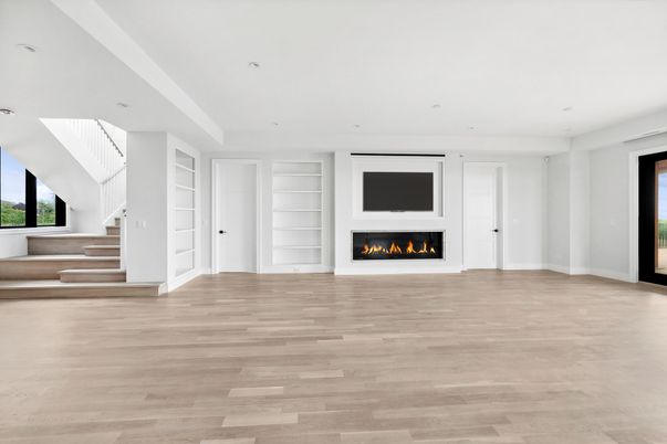 Empty room, Fireplace, Interior, Recessed Lighting, Wood Texture Flooring