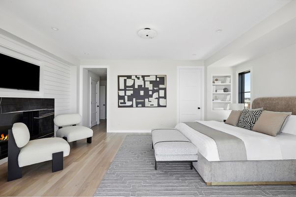 Bedroom, Fireplace, Interior, Recessed Lighting, Wood Texture Flooring