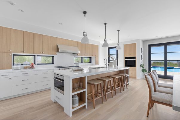 Interior, Kitchen, Pendant Lights, Recessed Lighting, Stainless Steel Appliances, Water, Wood Texture Flooring