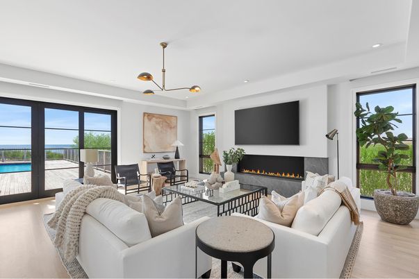 Fireplace, Interior, Living room, Pendant Lights, Recessed Lighting, Water, Wood Texture Flooring