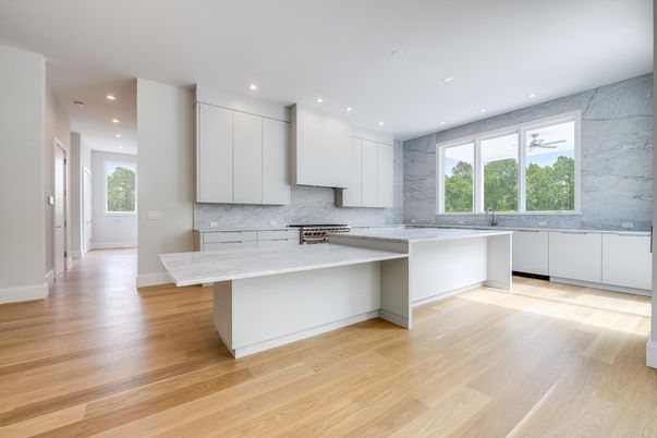 Interior, Kitchen, Marble Walls, Recessed Lighting, Wood Texture Flooring