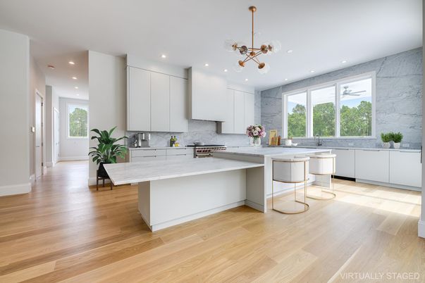 Interior, Kitchen, Marble Walls, Pendant Lights, Recessed Lighting, Wood Texture Flooring
