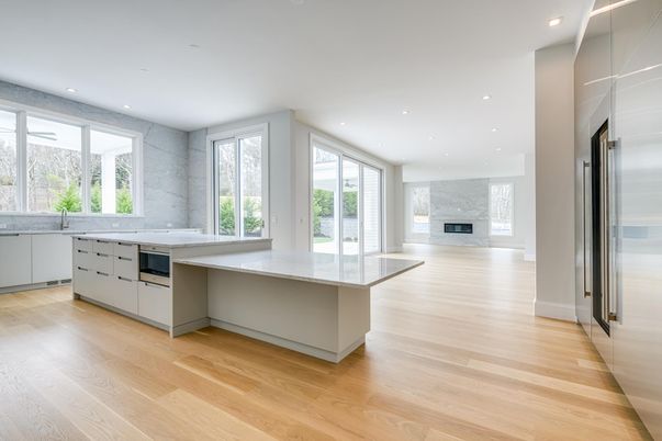 Fireplace, Interior, Kitchen, Marble Walls, Recessed Lighting, Wood Texture Flooring