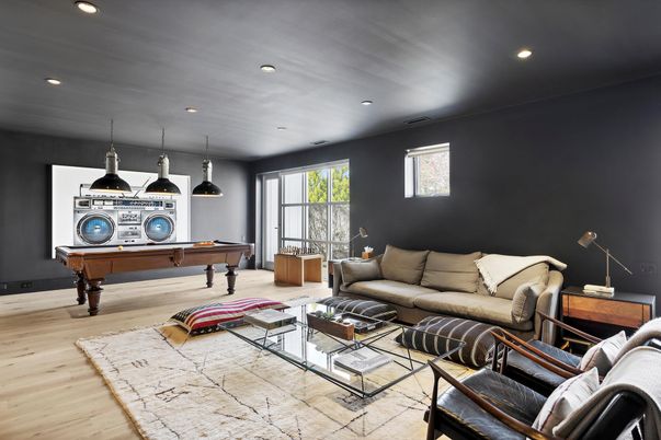 Billiard Table, Game Room, Interior, Living room, Pendant Lights, Recessed Lighting, Wood Texture Flooring
