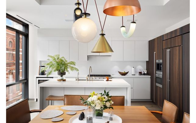 Interior, Kitchen, Pendant Lights, Stainless Steel Appliances, Wood Texture Flooring