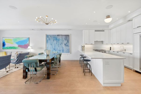 Dining room, Interior, Kitchen, Pendant Lights, Recessed Lighting, Wood Texture Flooring