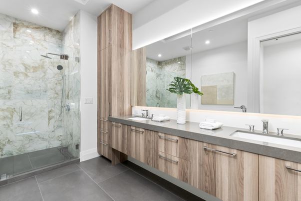 Bathroom, Dual Sink Vanities, Glass Shower, Interior, Marble Walls, Recessed Lighting