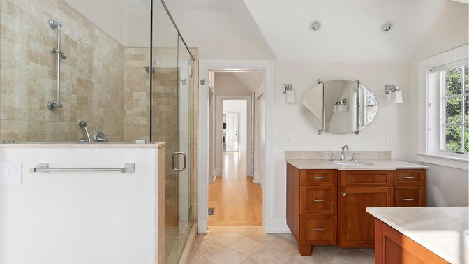 Bathroom, Glass Shower, Interior, Wood Texture Flooring