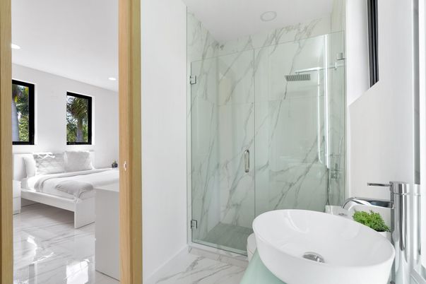 Bathroom, Free Standing Baths, Glass Shower, Interior, Marble, Marble Walls, Recessed Lighting