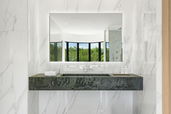 Bathroom, Interior, Marble Walls, Recessed Lighting