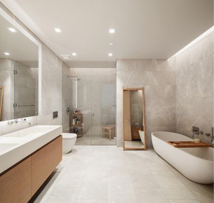 Bathroom, Dual Sink Vanities, Free Standing Baths, Glass Shower, Interior, Recessed Lighting