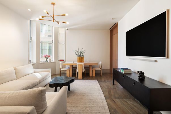 Dining room, Interior, Living room, Pendant Lights, Recessed Lighting, Wood Texture Flooring