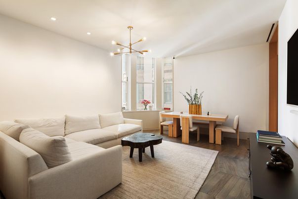 Dining room, Interior, Living room, Pendant Lights, Recessed Lighting, Wood Texture Flooring