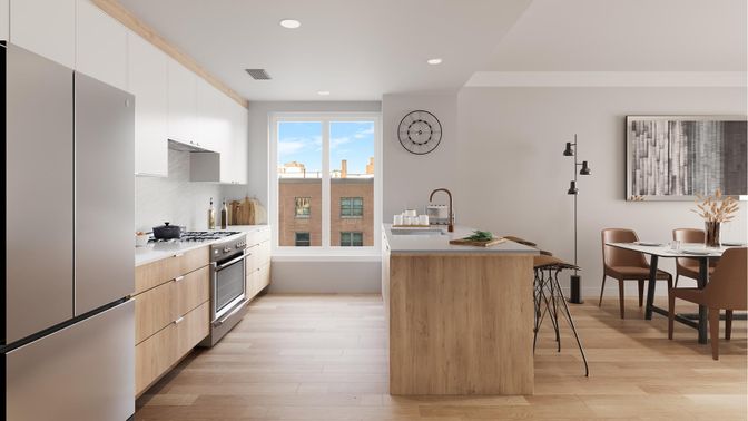 Dining room, Interior, Kitchen, Recessed Lighting, Stainless Steel Appliances, Wood Texture Flooring