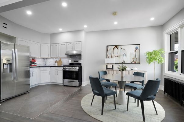 Dining room, Interior, Kitchen, Recessed Lighting, Stainless Steel Appliances, Wood Texture Flooring