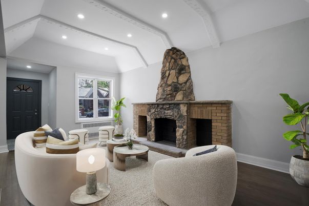 Fireplace, Interior, Living room, Recessed Lighting, Stone Walls, Wood Texture Flooring