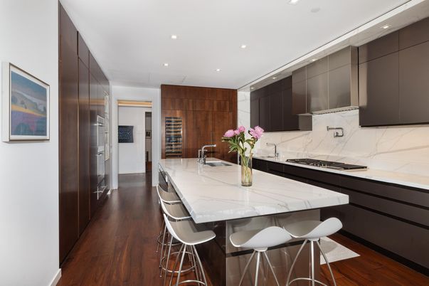 Interior, Kitchen, Marble Walls, Recessed Lighting, Stainless Steel Appliances, Wood Texture Flooring