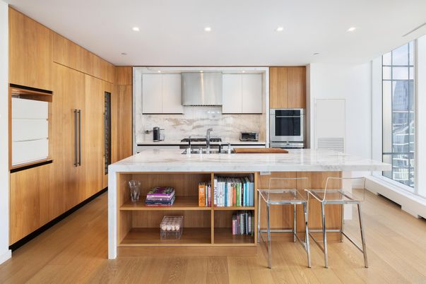 Interior, Kitchen, Marble Walls, Recessed Lighting, Stainless Steel Appliances, Wood Texture Flooring