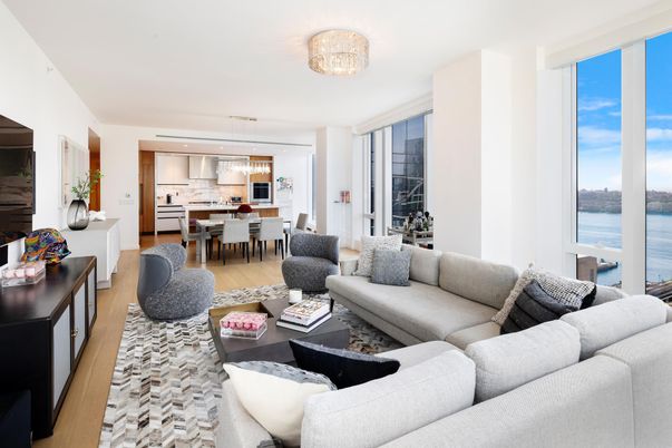 Dining room, Interior, Kitchen, Living room, Pendant Lights, Recessed Lighting, Water, Wood Texture Flooring