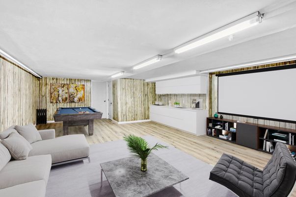 Billiard Table, Game Room, Interior, Projection Screen, Wood Texture Flooring