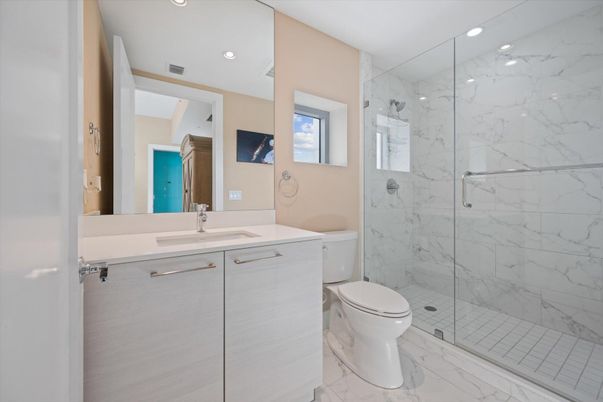 Bathroom, Glass Shower, Interior, Marble, Marble Walls, Recessed Lighting