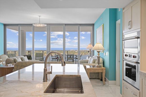 Interior, Kitchen, Living room, Marble, Pendant Lights, Stainless Steel Appliances, Water