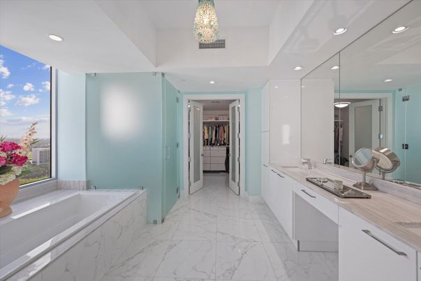 Bathroom, Chandelier, Dual Sink Vanities, Interior, Marble, Recessed Lighting, Walk-in Closets